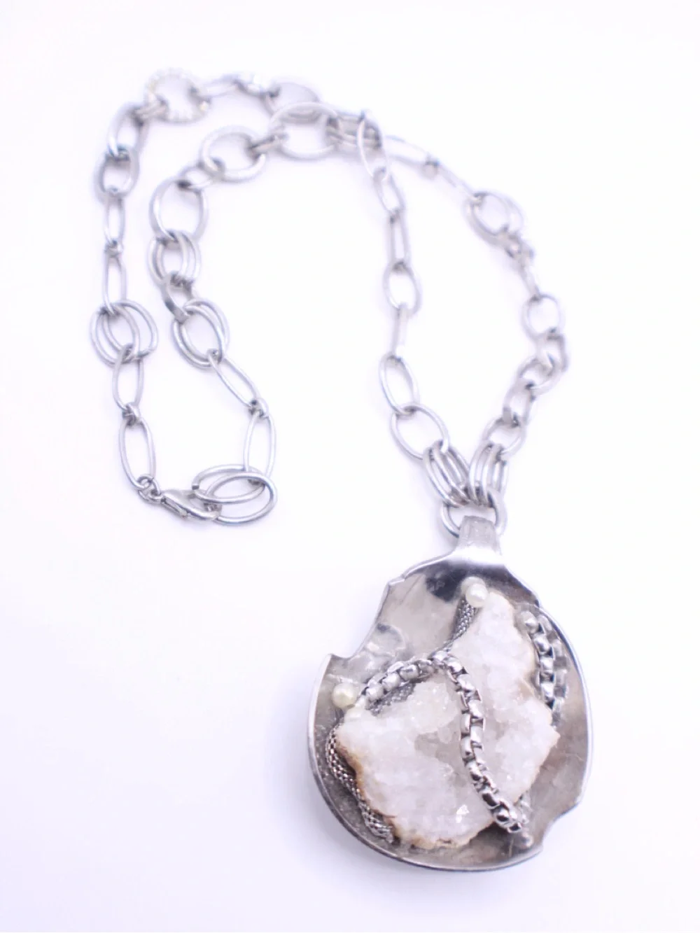 Artisan made Silver spoon Druzy Pendant Necklace 24”